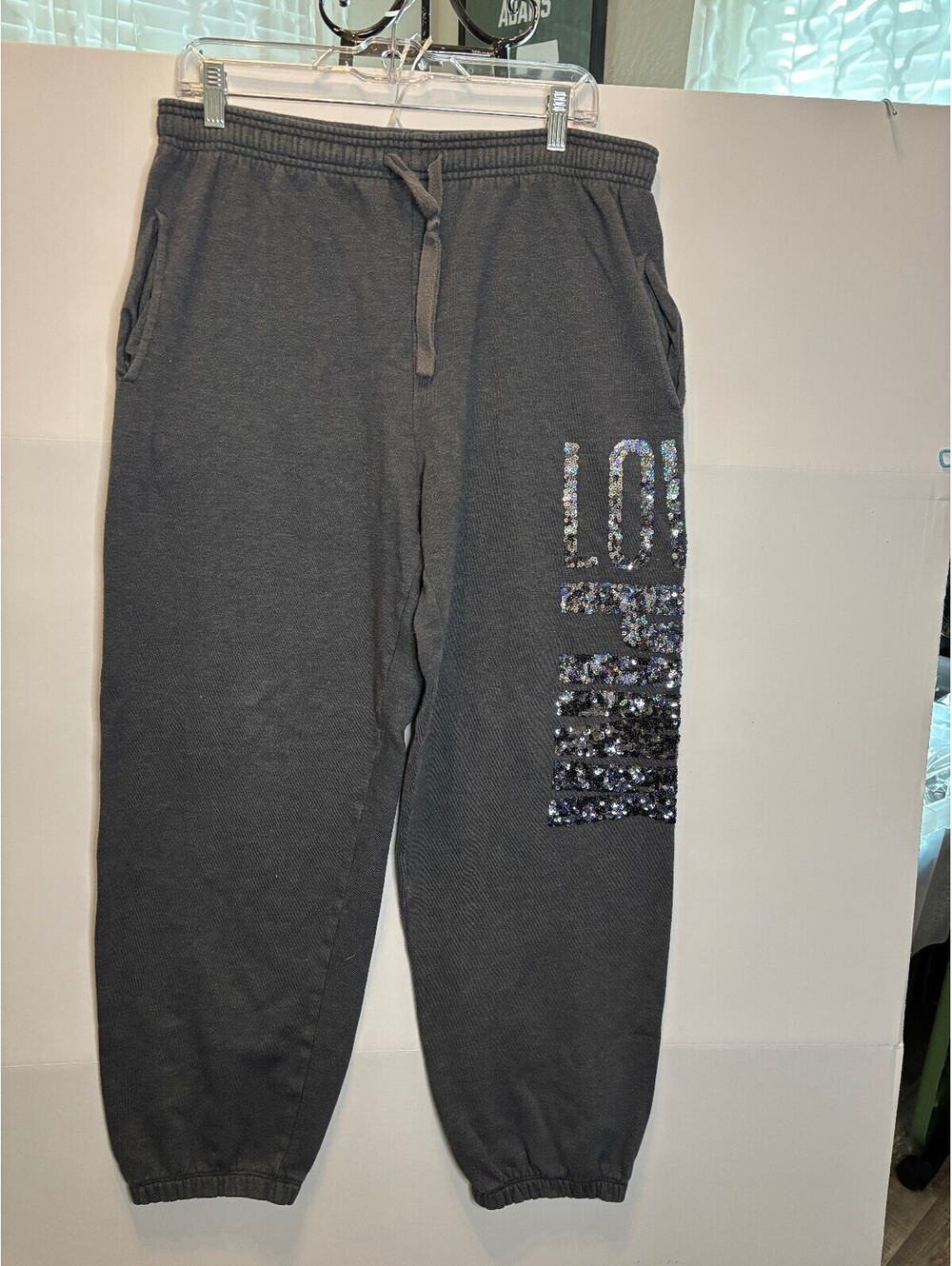 Pink by Victoria Secret Gray Sequin Graphic Sweatpants with Pockets